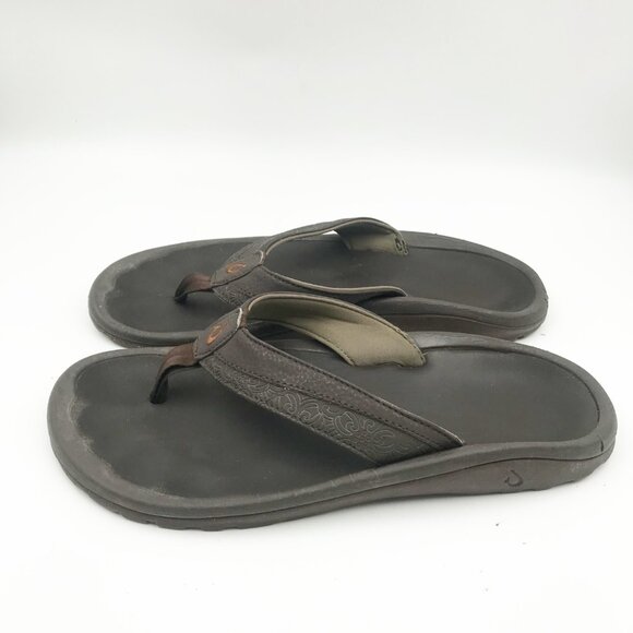 OLUKAI Brown Leather Flip Flop Thong Sandals Mens 10 - Picture 4 of 11